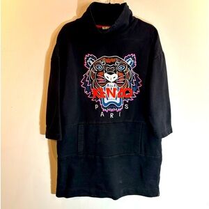 KENZO Sz M Embroidered Tiger Long Line Funnel  Neck Front Pocket Sweatshirt Top